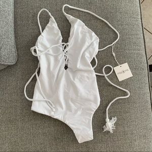 Posh Pua Hawaii Maile White One Piece Swimsuit Lace Tie Up